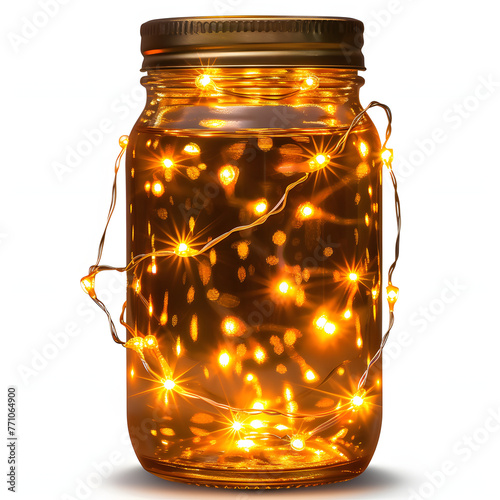 Mason jar with string lights isolated on white background, professional photography, png
