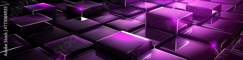 abstract geometric purple cubes with neon edges in a dark 3D pattern, futuristic design of glowing purple blocks with tech geometric structure