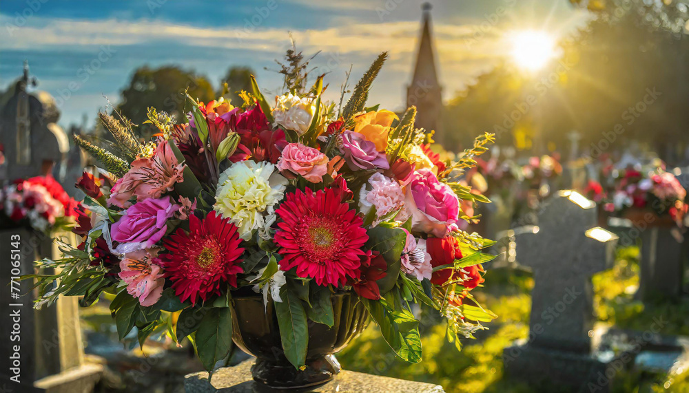 stylish funeral flowers of white carnations, orange gerbera and red and pink roses on a grave after a funeral