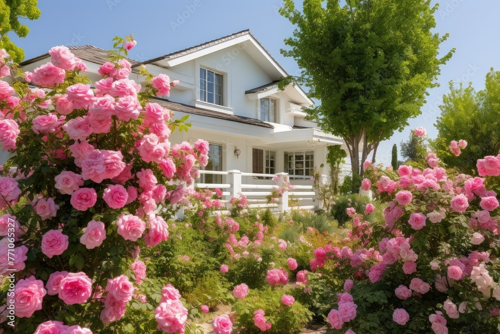 A charming white house surrounded by an array of vibrant pink flowers in full bloom on a sunny day. Generative AI A charming white house surrounded by an array of vibrant pink flowers in full bloom on a sunny day. Generative AI