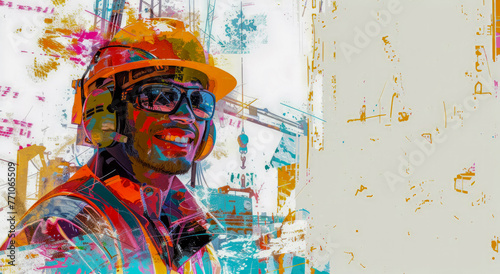 A smiling construction worker man in vibrant safety helmet  digital artwork style  ideal for Labor Day banners with generous copy space.