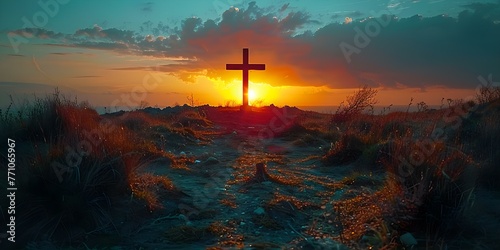 A silhouette of a cross on a hill at sunrise symbolizing the resurrection and new beginnings. Concept Resurrection Symbol  Spiritual Silhouette  Sunrise Significance  New Beginnings  Cross on Hill
