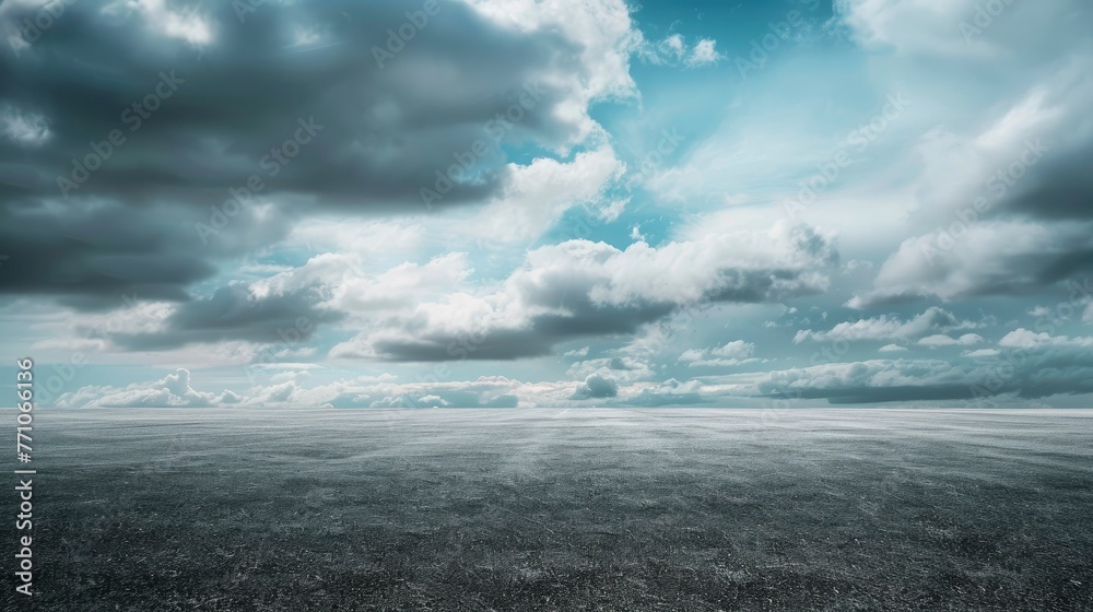 Sky Background Horizon with Dramatic Clouds and Empty Dark Asphalt Street Floor - generative ai - obrazy, fototapety, plakaty 