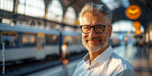 Alter Pendler wartet am Bahnsteig auf die nächste Bahn photo