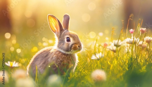 cute little rabbit for easter spring holiday spring holiday banner illustration nice rabbit sitting on the meadow grass grass spring flower meadow