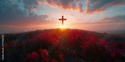 Symbolizing the resurrection and new beginnings: A silhouette of a cross on a hill at sunrise. Concept Easter sunrise, Cross silhouette, Resurrection symbol, New beginnings, Spiritual imagery
