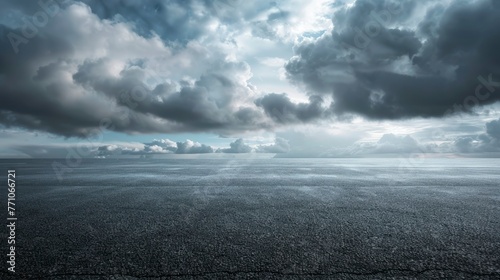 Sky Background Horizon with Dramatic Clouds and Empty Dark Asphalt Street Floor - generative ai