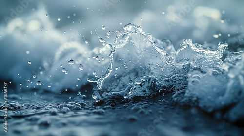 Detailed shot of water wave and splash with focus on water droplets