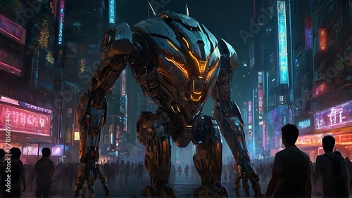 A shimmering cybernetic behemoth, the envisioned robot uprising unfolds in a digital anime world. The image is a stunningly detailed digital painting, featuring intricate metallic textures and glowing