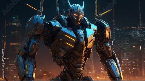A shimmering cybernetic behemoth, the envisioned robot uprising unfolds in a digital anime world. The image is a stunningly detailed digital painting, featuring intricate metallic textures and glowing