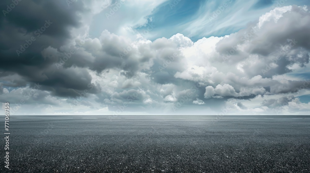 Sky Background Horizon with Dramatic Clouds and Empty Dark Asphalt Street Floor - generative ai Sky Background Horizon with Dramatic Clouds and Empty Dark Asphalt Street Floor - generative ai