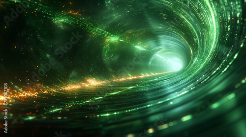 A green tunnel with a bright light shining through it. AI.