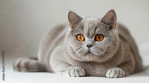 A regal British Shorthair cat with a plush coat and copper-colored eyes.