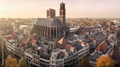 Super wide 360 degrees panoramic aerial view of the medieval Dutch centre of Utrecht with Inktpot building and cathedral towering photo