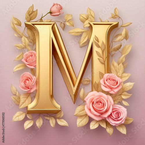 A gold floral letter “M” with roses and leaves, soft pink background © volgariver