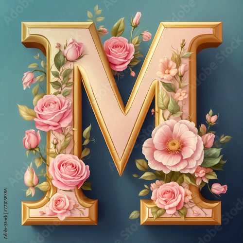 A gold floral letter “M” with roses and leaves, soft blue background © volgariver