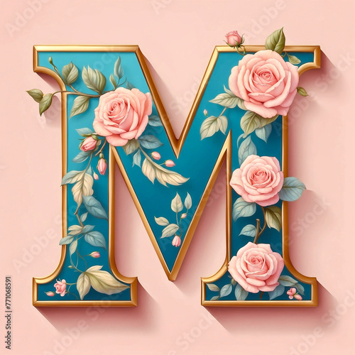A blue floral letter “M” with roses and leaves, soft pink background © volgariver