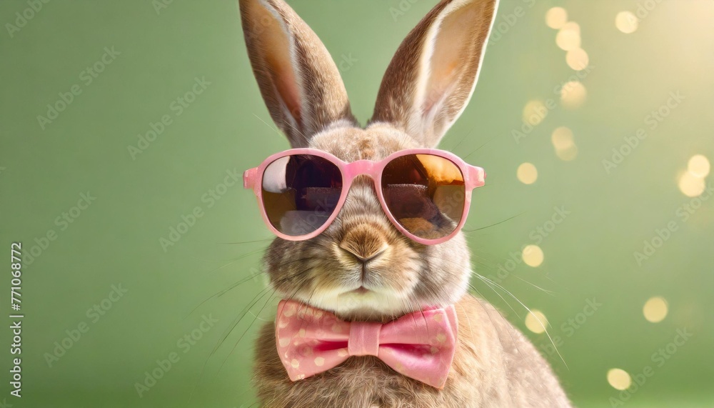 funny easter concept holiday animal celebration greeting card cool easter bunny rabbit with pink sunglasses and bow tie isolated on green background