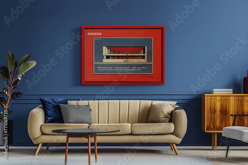 A serene living room boasting Scandinavian elegance with a deep blue wall. Against it, a red-framed poster of modernist architecture stands out, surrounded by minimalist furniture  photo