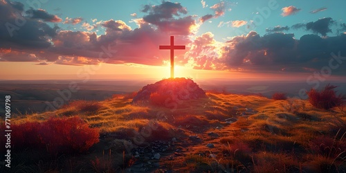 Symbolizing the Resurrection and New Beginnings: A Cross Silhouetted on a Hill at Sunrise. Concept Easter, Resurrection, Cross, New Beginnings, Sunrise
