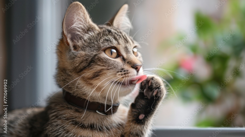 Obraz premium cat licking its paw