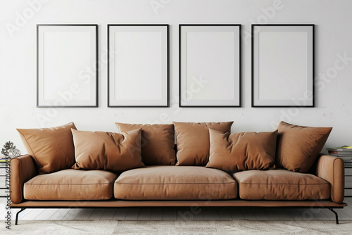 A spacious Scandinavian living room with a caramel brown sofa set against a soft white wall. Four blank empty mock-up poster frames in a sleek black finish photo
