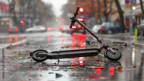 Close up of a damaged electric scooter on the road, highlighting the impact and aftermath of a crash photo