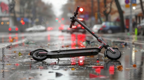 Close up of a damaged electric scooter on the road, highlighting the impact and aftermath of a crash