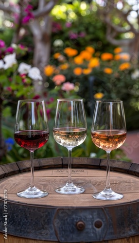 Assorted wine glasses displayed on wooden barrel in scenic vineyard surrounded by vines