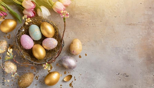top view easter background with colorful egg decorations and ample copy space for text