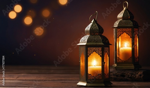 Modern Islamic holiday banner suitable for Ramadan, Raya Hari, Eid al-Adha and Mawlid. A lit lantern on an evening background photo