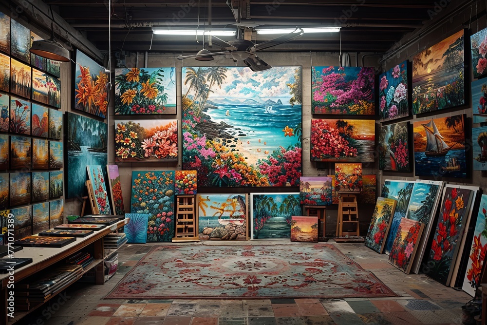 A room bursting with colors and stories through paintings on every surface.