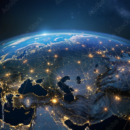 A satellite view of the world with illuminated lines crisscrossing continents  representing the global logistics network of a major postal service. The image highlights the vast reach and connectivity