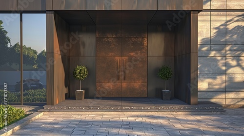 An avant-garde main door design featuring a bold color palette and unconventional materials, such as acrylic or Cor-Ten steel, creating a dramatic entranceway that captivates the eye in