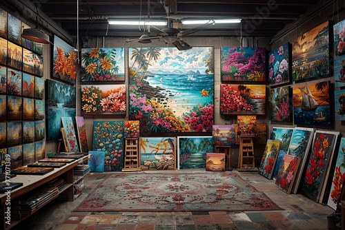 A room bursting with colors and stories through paintings on every surface.