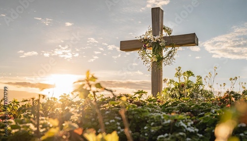 wood easter cross overgrown with plants
