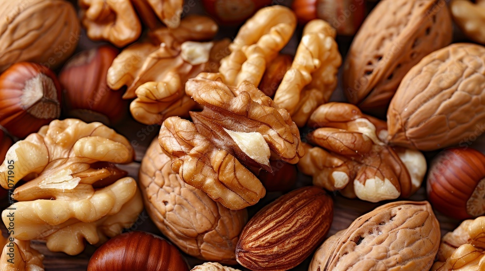 Assorted nuts creating a diverse and textured natural background, ideal for various uses Assorted nuts creating a diverse and textured natural background, ideal for various uses