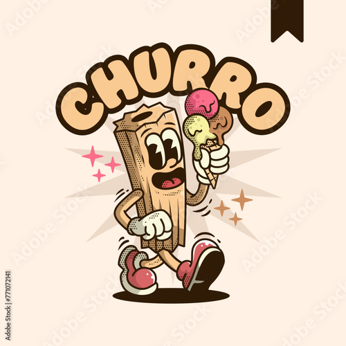 Churro Holding Ice Cream Vintage Cartoon Mascot Logo