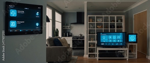 illustrate the concept of the Internet of Things with an image of a smart home, featuring various connected devices and appliances, shot from a low angle with a wide-angle lens to showcase the entire