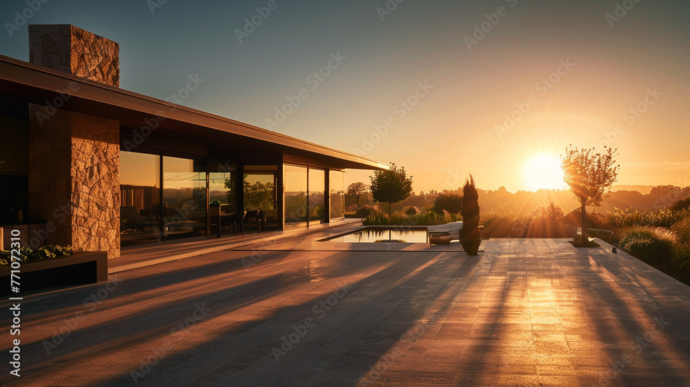 An expansive photo capturing the warm glow of a contemporary house during the golden hour, with shadows stretching long and the interplay of light and architecture 