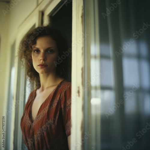 dreamy street photo cute pretty young woman glass window reflection glare gloomy sadness moment