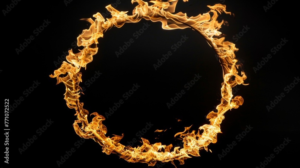 Fototapeta premium Circular flames frame on black background with brightly burning fire in circular shape
