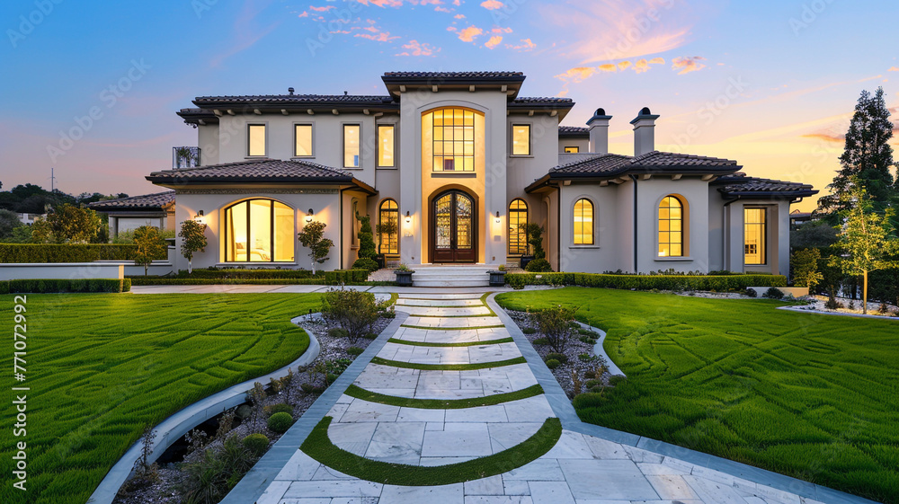 Dazzling facade of a newly built luxury home with a green, lush lawn, stone pathway leading to an elaborate entrance, in the glow of dusk.