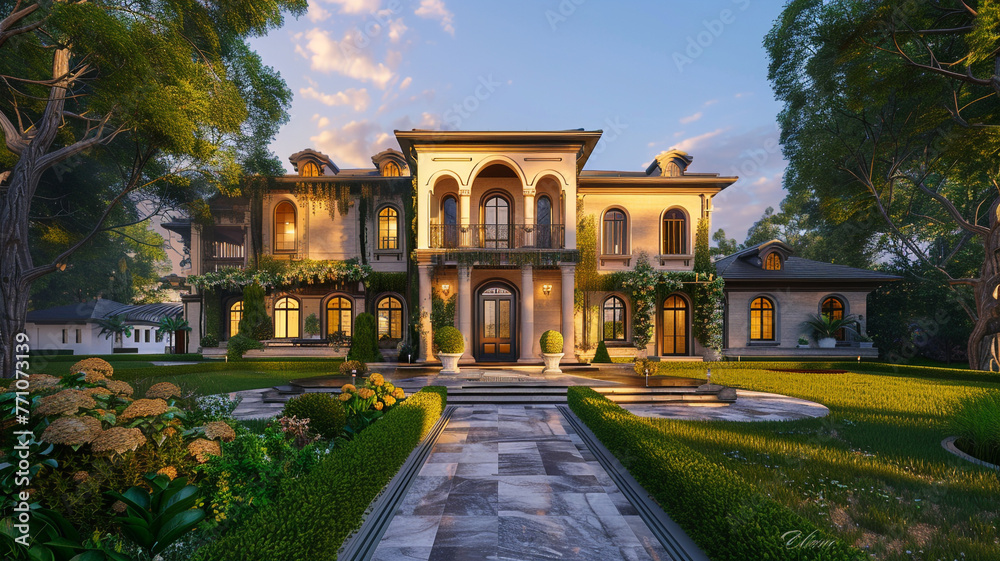 Front view of an opulent luxury home with a lush yard, leading to a beautifully designed porch, in early morning light.