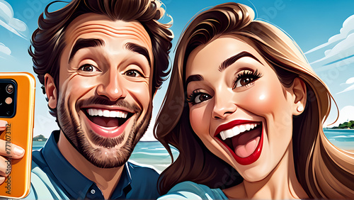 couple selfie illustration , smiley couple taking a selfie together