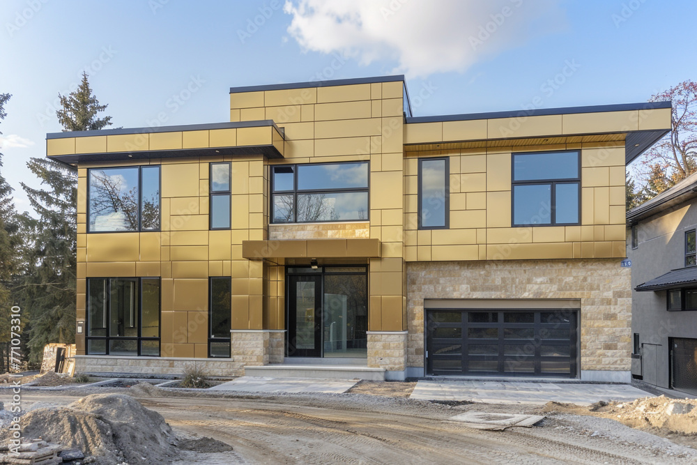 High-end new construction home in a modern style, showcasing luxurious gold siding and natural stone wall accents, with a minimalist approach excluding a garage.