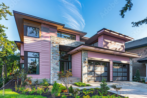 Luxurious new home, modern in design, featuring soft pink siding and accented with a natural stone wall trim, offering an uncluttered facade without a garage.