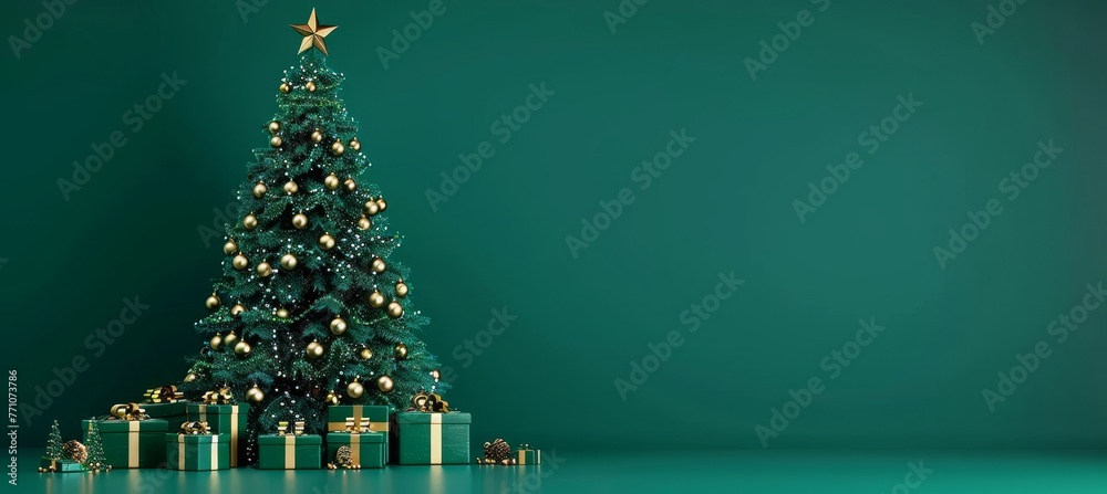 Fototapeta premium Golden baubles on christmas tree with presents, festive holiday background in green tones