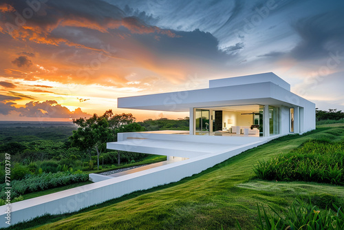 Modern white home with sweeping views of lush grassland and a dynamic sky at sunset, epitomizing peace and architectural innovation.