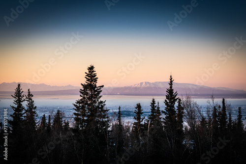 Silhouette of pine trees at dusk looking toward Sleeping Lady in winter near Anchorage, Alaska